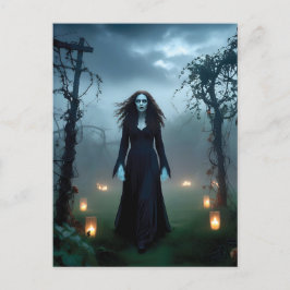 Cartão Postal Magia, bruxa assustadora em um jardim decrépito