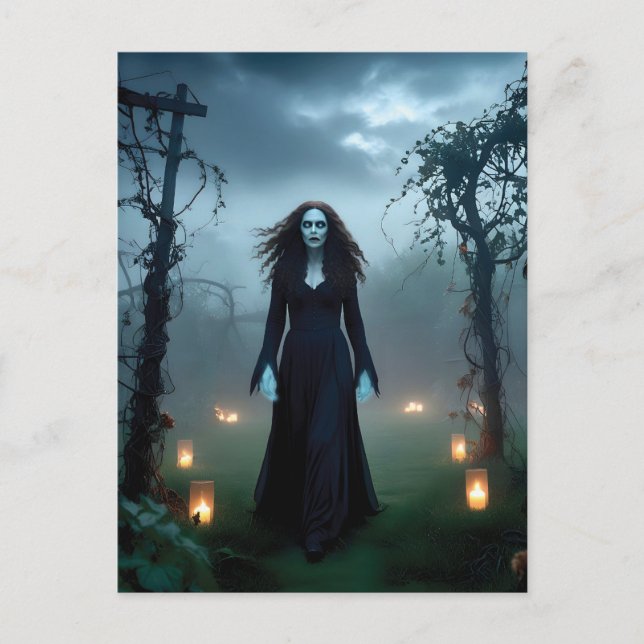Cartão Postal Magia, bruxa assustadora em um jardim decrépito (Frente)
