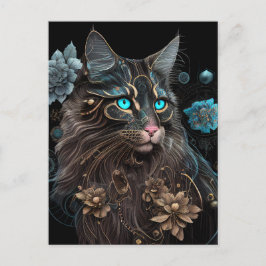 Cartão Postal Magia steampunk Maine Coon cat e flores Arte AI