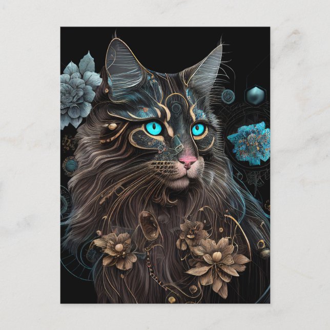 Cartão Postal Magia steampunk Maine Coon cat e flores Arte AI (Frente)