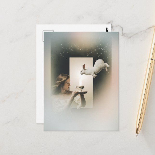 Cartão Postal Magic Surreal Tea com coelho branco (Frente/Verso In Situ)