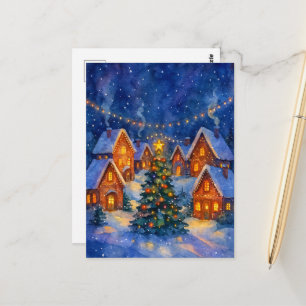 Cartão Postal Mágica Vila Noturna Festiva de Natal em Aquarela