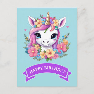 Cartão Postal Magical Baby Unicorn with Flowers