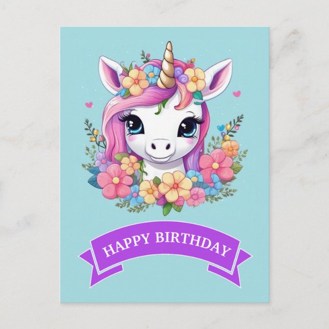 Cartão Postal Magical Baby Unicorn with Flowers (Frente)