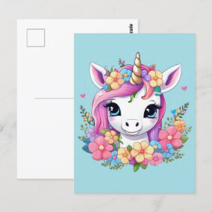 Cartão Postal Magical Baby Unicorn with Flowers
