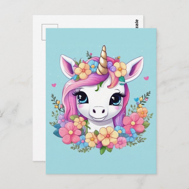 Cartão Postal Magical Baby Unicorn with Flowers (Frente/Verso)