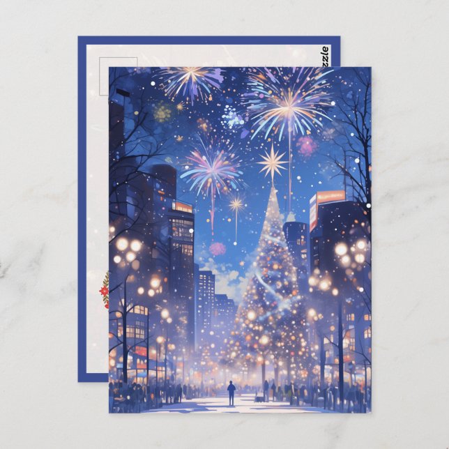 Cartão Postal Magical Christmas City Fireworks Night (Frente/Verso)