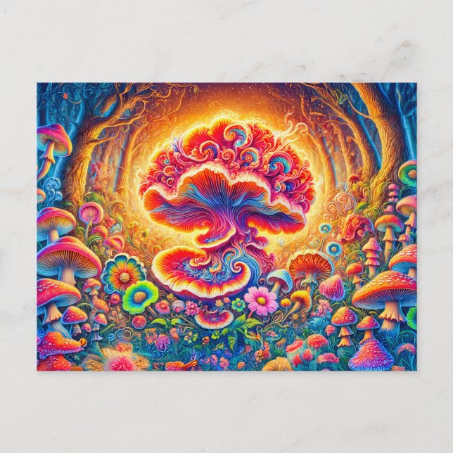 Cartão Postal Magical Mushrooms Psychedelic Forest Fantasy (Frente)