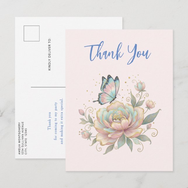 Cartão Postal Magical Rose and Butterfly Pastel Colors Thank You (Frente/Verso)