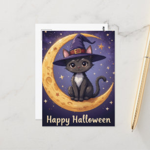 Cartão Postal Mágico chapéu de bruxa negra de Halloween e lua