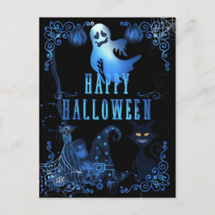 Cartão Postal Magico Feliz Halloween Gato Preto Luzes Azuis