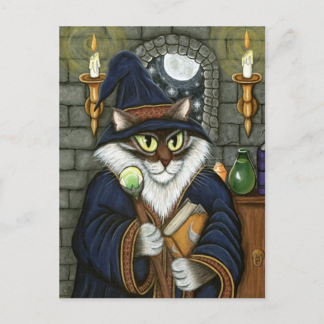 Cartão Postal Mágico Merlin Mágico Gato Gato Sorcerer Fantasy (Frente)