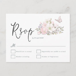 Cartão Postal Magnolia Borboleta Aquarelas Script Casamento RSVP