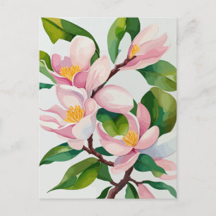 Cartão Postal Magnólia Rosa Florescendo em Aquarela
