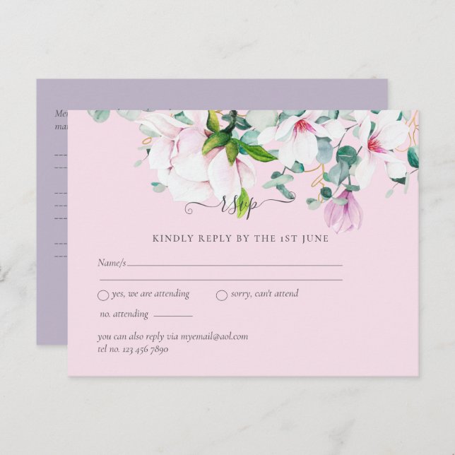 Cartão Postal Magnólias Rosa Eucalipto Lavanda Casamento rsvp Po (Frente/Verso)