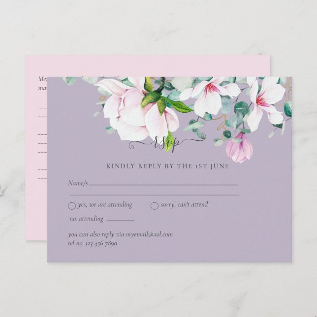 Cartão Postal Magnólias Rosa Lavanda Eucalipto Casamento rsvp (Frente/Verso)