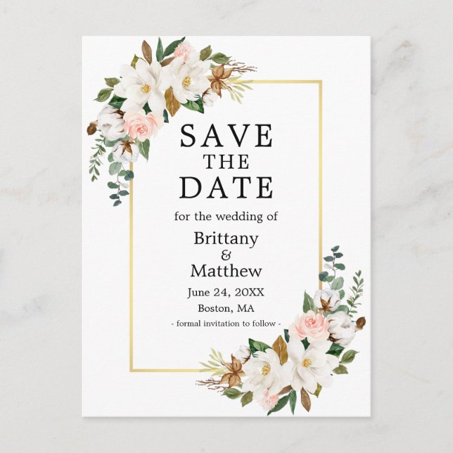 Cartão Postal Magnolias Rosa Rosas Douradas Quadro Salve A Data (Frente)