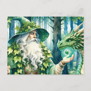 Cartão Postal Mago da Floresta com Dragão Verde Brilhante