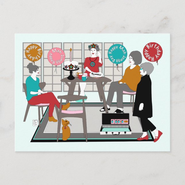 Cartão Postal Mah Jongg Cat Birthday (Frente)