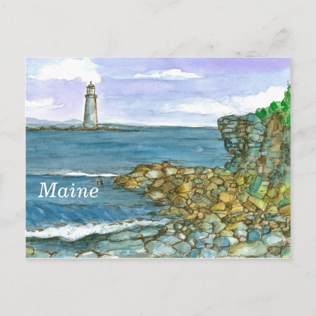 Cartão Postal Maine Lighthouds Rocks Calm Ocean (Frente)
