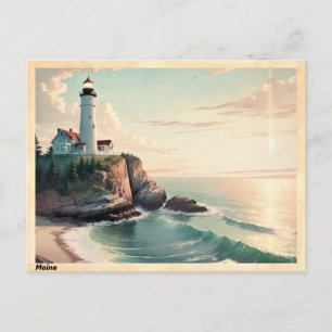 Cartão Postal Maine Lighthouse num penhasco Vintage