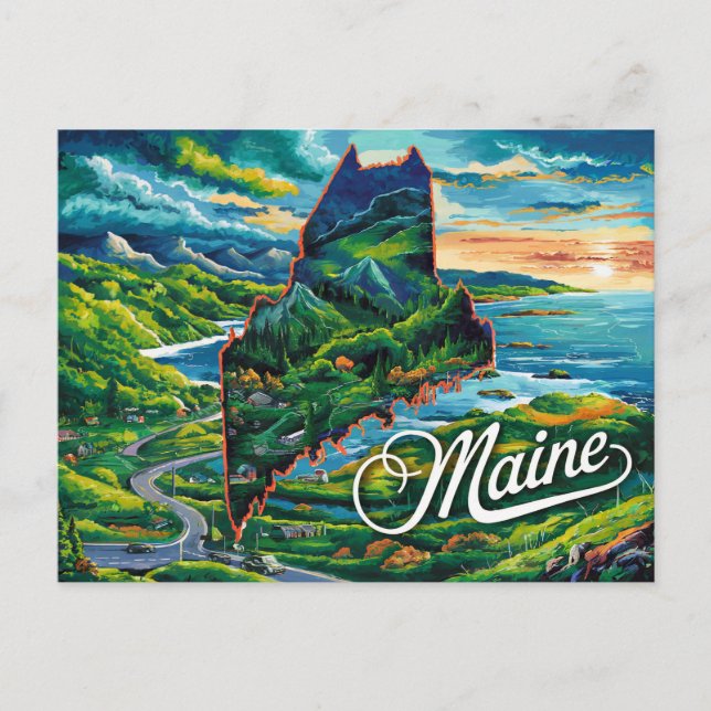 Cartão Postal Maine Map Art Vibrant (Frente)