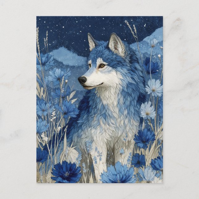 Cartão Postal Majestic Blue Wolf in Starry Blossom Garden (Frente)