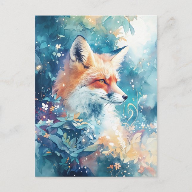 Cartão Postal Majestic Red Fox in Teal Botanical Meadow (Frente)