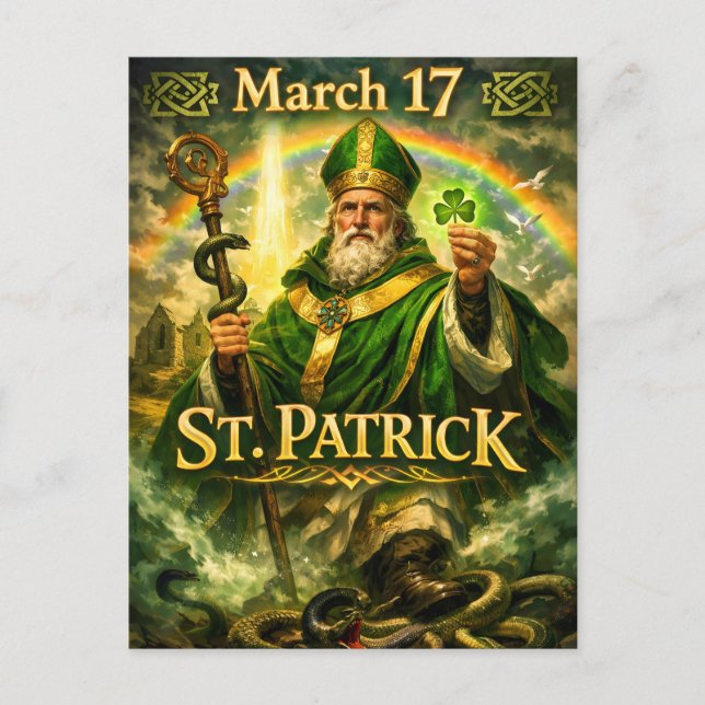 Cartão Postal Majestic St. Patrick with Rainbow and Snakes (Frente)