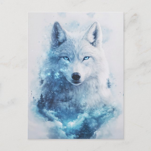 Cartão Postal Majestic White Wolf in Icy Blue Nebula (Frente)