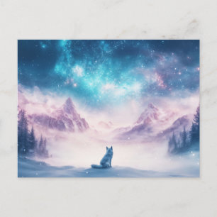 Cartão Postal Majestoso Lobo Branco na Galáxia da Montanha Gelad