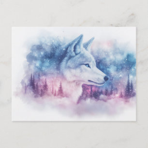 Cartão Postal Majestoso Lobo Branco na Nebulosa Roxa