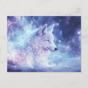 Cartão Postal Majestoso Lobo Branco na Nebulosa Roxa
