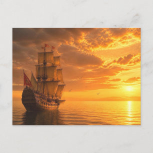 Cartão Postal Majestoso Navio Galeão Vintage Pôr do Sol no Ocean