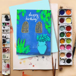 Cartão Postal Majorelle Gardens Blue La Jardin FELIZ ANIVERSÁRIO<br><div class="desc">Bonito paredes azuis e plantas coloridas brilhantes,  desenhadas por mim para você! Dê uma olhada no meu compro por mais!</div>