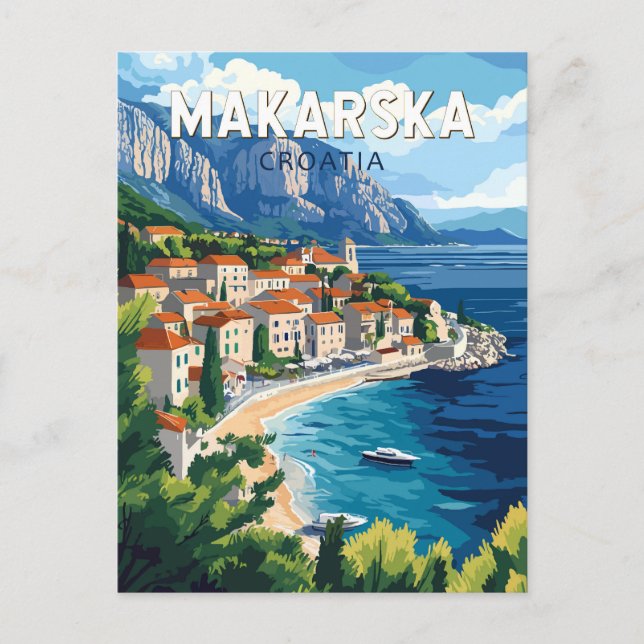 Cartão Postal Makarska Croácia Illustração Viagem Art Vintage (Frente)