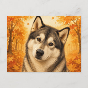 Cartão Postal Malamute do Alasca Floresta de Outono Cachorro
