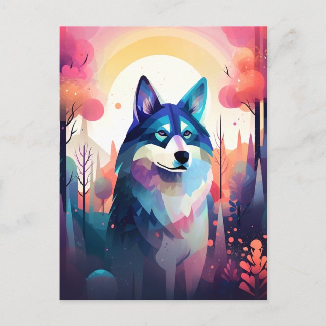 Cartão Postal Malamute Rouco Moderno Pintura de Cachorros (Frente)