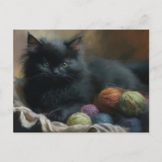Cartão Postal Maldito Companheiro de tricô Gatinho Preto Com Fio