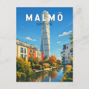 Cartão Postal Malmo Ilustração Viagem Arte Vintage Suécia