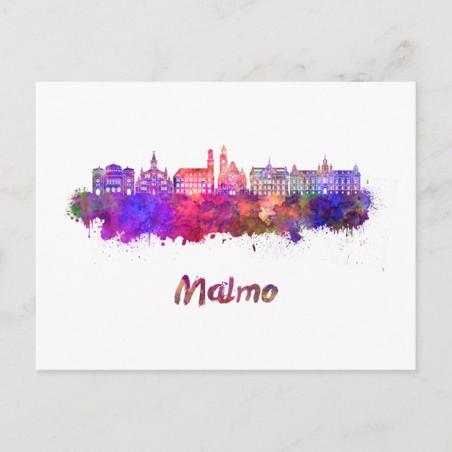 Cartão Postal Malmo skyline em aquarela (Frente)