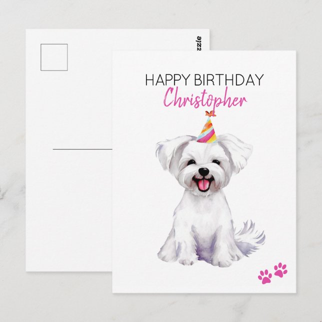 Cartão Postal Maltês - Cão Personalizado Feliz Aniversário (Frente/Verso)