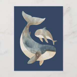 Cartão Postal Mamãe Baleia e Filhote em Aquarela Azul Marinho Fo