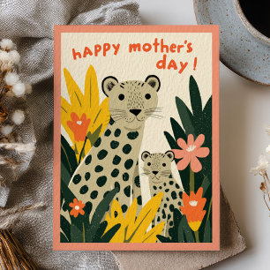 Cartão Postal Mamãe Leopardo com Filhote Floral Feliz Dia das Mã