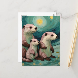 Cartão Postal Mamãe Poppa e Bebê Otter no Oceano