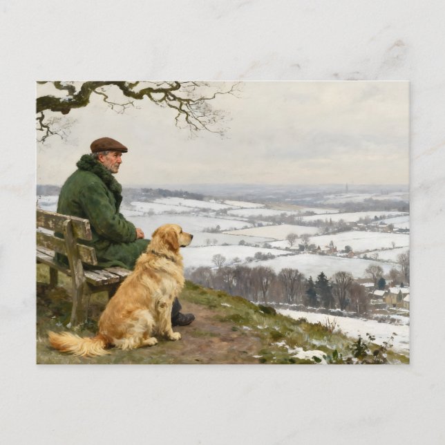 Cartão Postal Man and Dog Enjoying Winter Countryside Vista (Frente)
