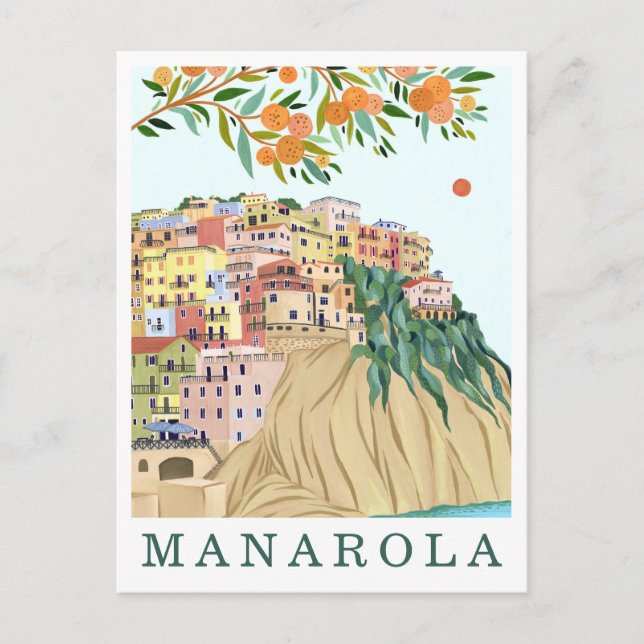 Cartão Postal Manarola Cinque Terre Italy Travel Illustration (Frente)
