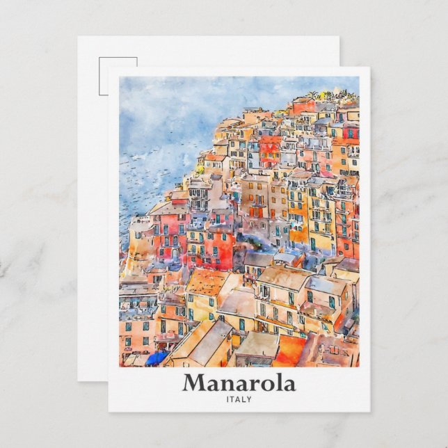 Cartão Postal Manarola Itália Viagem Watercolor (Frente/Verso)