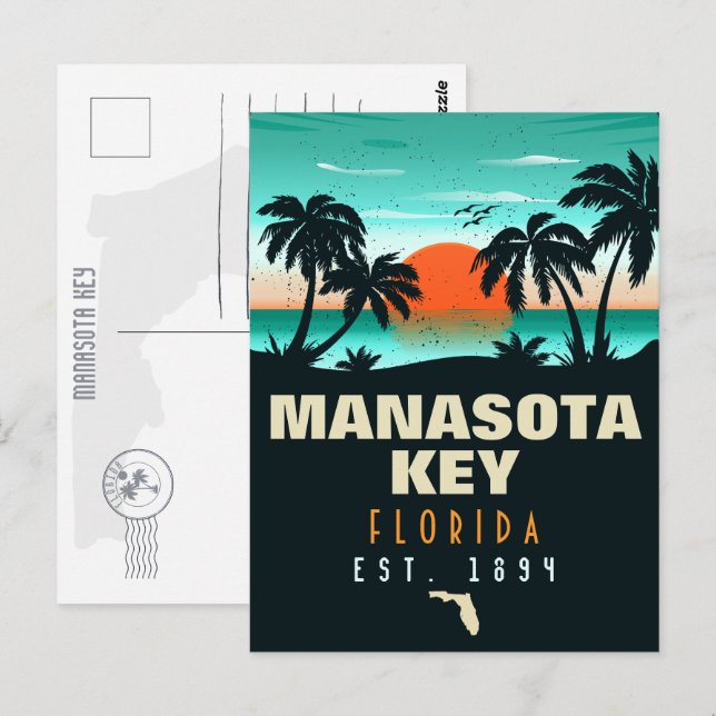 Cartão Postal Manasota Key Florida Retro Sunset Souvenirs 60s (Frente/Verso)