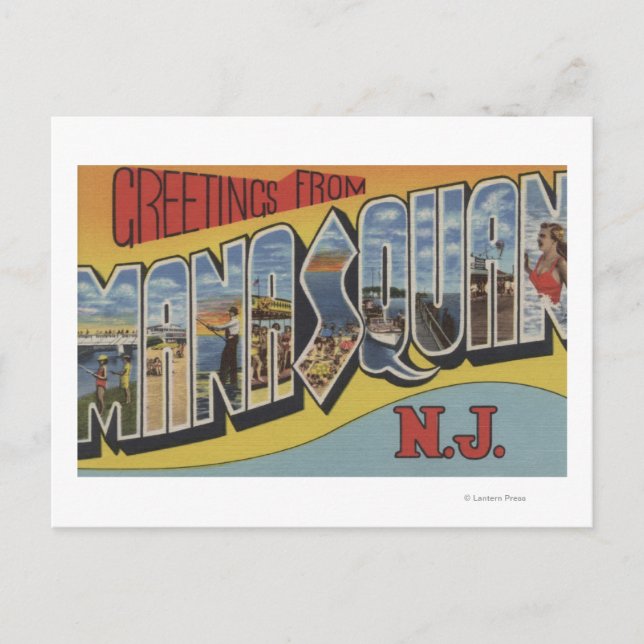 Cartão Postal Manasquan, Nova Jersey - Cenas com Letras Grandes (Frente)